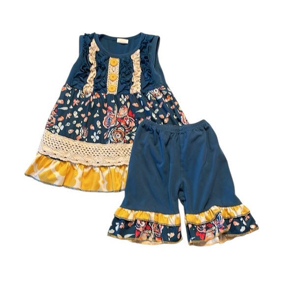 Little Girls blue and yellow Floral Ruffle Dress and Shorts Set. Size small 2T - Picture 1 of 10